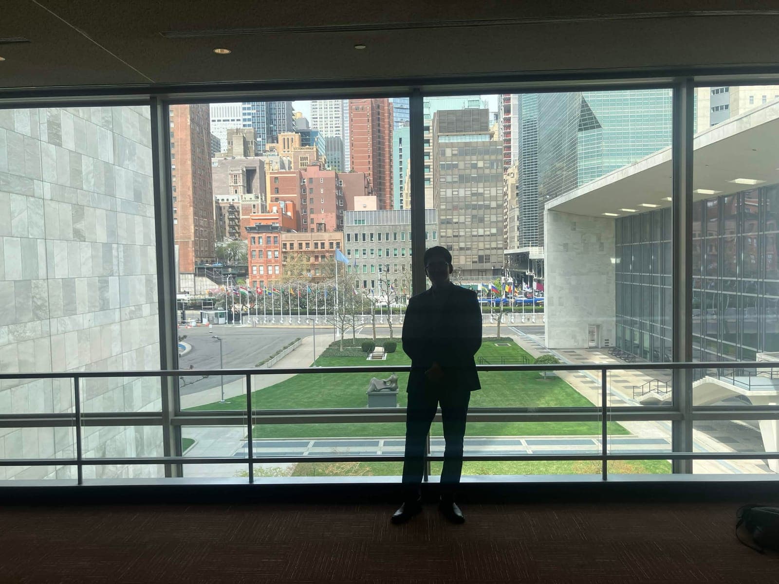 Looking out over the UN grounds and New York skyline from inside the United Nations